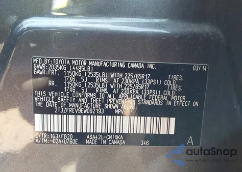 2014 Toyota Rav4 Le z USA, uszkodzony, nr VIN 2T3ZFREV9EW092193